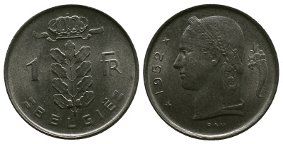 Бельгия 1 франк 1952 Belgie, Бодуэн I (1951-1993) KM 143.1 медно-никель 4384-733