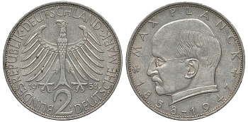 ФРГ 2 марки 1958 F, Макс Планк KM 116, J. 392 медно-никель плакированный никелем 4680-941