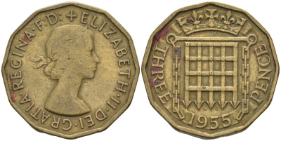 Великобритания 3 пенса 1955 Елизавета II (1952-2022) KM 900, Spink 4153 никель латунь 4114-246
