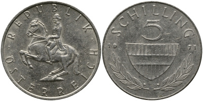 Австрия 5 шиллингов 1971 KM 2889а медно-никель 33-624