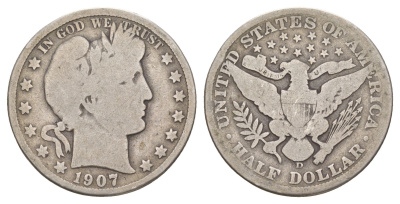 США 1/2 доллара (50 центов) 1907 D, 50 центов Барбера KM 116 серебро    5010-1645