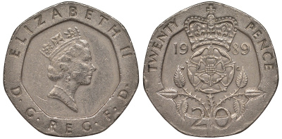 Великобритания 20 пенсов 1989 Елизавета II (1952-2022) KM 939, Spink 4361 (G2) медно-никель 4122-1117