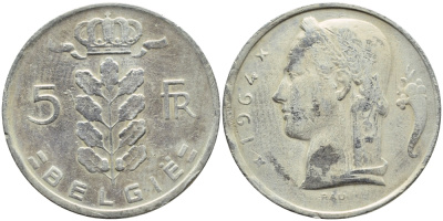 Бельгия 5 франков 1964 Belgie, Бодуэн I (1951-1993) KM 135.1 медно-никель 3999-936