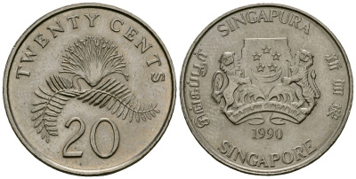 Сингапур 20 центов 1990 KM 52 медно-никель 4167-1011