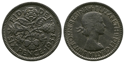 Великобритания 6 пенсов 1953 Елизавета II (1952-2022) KM 889, Spink 4141 медно-никель 4381-636
