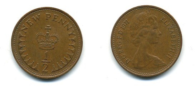 Великобритания 1/2 пенни 1971 Елизавета II (1952-2022) КМ 914, Spink 4239 бронза 4110-1643