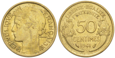 ФРАНЦИЯ 50 САНТИМОВ 1941 ТИП MORLON KM 894.1, LE FRANC 192.18 алюминиевая бронза 44-526