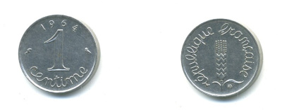 ФРАНЦИЯ 1 САНТИМ 1964 KM 928 хромированная сталь 84-1517