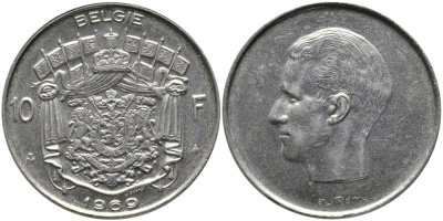 БЕЛЬГИЯ 10 ФРАНКОВ 1969 BELGIE, БОДУЭН I (1951-1993) KM 156.1 никель 97-834