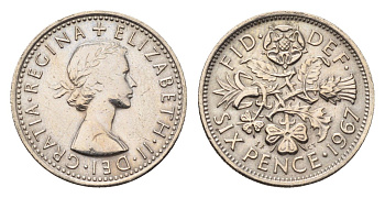 Великобритания 6 пенсов 1967 Елизавета II (1952-2022) KM 903, Spink 4149 медно-никель 4696-834