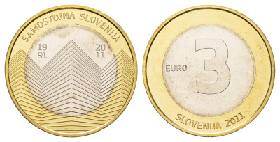 Словения 3 евро 2011 20 лет независимости Словении KM 101 биметалл BU 11-147-34