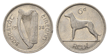 Ирландия 6 пенсов 1928 собака, ирландский волкодав KM 5 никель 46-2545