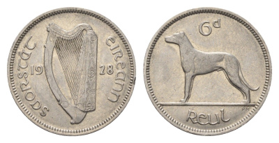 Ирландия 6 пенсов 1928 собака, ирландский волкодав KM 5 никель 46-2545