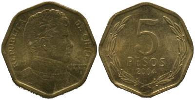 Чили 5 песо 2004 So KM 232, Schon 81 алюминиевая бронза aUNC 4387-1014