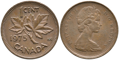 Канада 1 цент 1975 Елизавета II (1952-2022), кленовый лист KM 59.1 бронза 4528-741