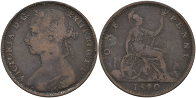 Великобритания 1 пенни 1890 Виктория (1837-1901) KM 755, Spink 3954 бронза 4144-712