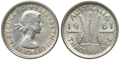 Австралия 3 пенса 1961 m, Елизавета II (1952-2022) KM 57 серебро 71-731
