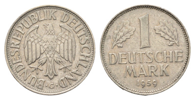 ФРГ 1 марка 1959 G KM 110, J. 385 медно-никель 4698-1241