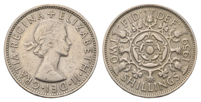 Великобритания 2 шиллинга (флорин) 1959 Елизавета II (1952-2022) KM 906, Spink 4146 медно-никель 4692-411