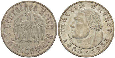 Германия 2 рейхсмарки 1933 A, 450 ЛЕТ МАРТИНУ ЛЮТЕРУ J. 352, KM 79 серебро UNC 00-000-00