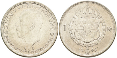 Швеция 1 крона 1946 TS, Густав V (1907-1950) KM 814 серебро UNC 3457-424