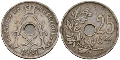 Бельгия 25 сантимов 1927 Belgique KM 68 медно-никель 29-824