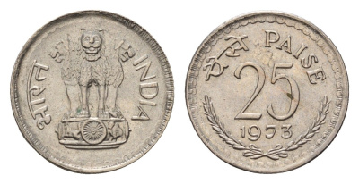 Индия 25 пайс 1973 KM 49.3 медно-никель UNC 4690-211