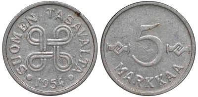 Финляндия 5 марок 1954 KM 37а никелированное железо UNC 3334-1168