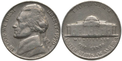 США 5 ЦЕНТОВ 1970 S, ДЖЕФФЕРСОН KM А192 медно-никель 181-114