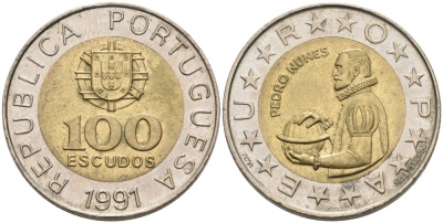 Португалия 100 эскудо 1991 Педру Нуниш (1502-1578), математик KM 645.1 биметалл 261-311