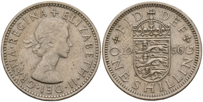 Великобритания 1 шиллинг 1956 Елизавета II (1952-2022), Английский герб KM 904, Spink 4147 медно-никель 4187-1055