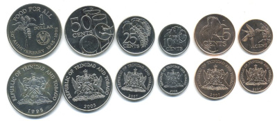 Тринидад и Тобаго лот из 6 монет 1995-2007 1, 5, 10, 25, 50 центов, 1 доллар FAO UNC M77-10