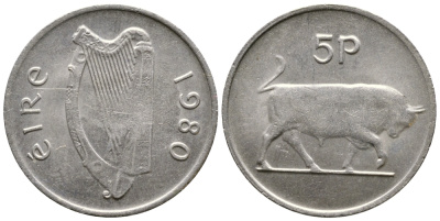 ИРЛАНДИЯ 5 ПЕНСОВ 1980 БЫК KM 22 медно-никель 4110-924