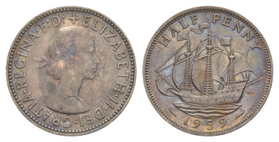 Великобритания 1/2 пенни 1959 Елизавета II (1952-2022) KM 896, Spink 4158 бронза 4638-511