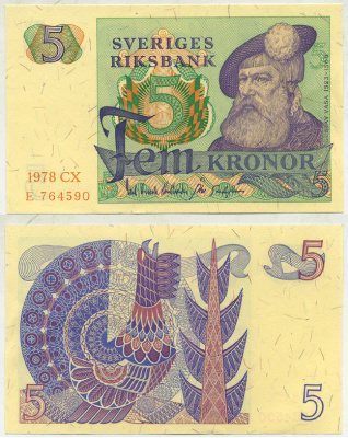 Швеция 5 крон 1978 CX, Густав I Ваза Pick 51d бумага aUNC 444-118-3