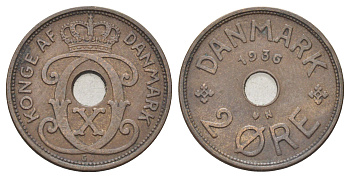 Дания 2 эре 1936 N, Кристиан X (1912-1947) KM 827 бронза 4701-833