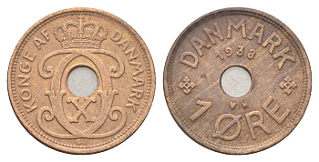 Дания 1 эре 1938 N, Кристиан X (1912-1947) KM 826 бронза 4701-616