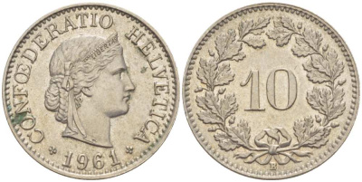 ШВЕЙЦАРИЯ 10 РАППЕНОВ 1961 В KM 27 медно-никель 39-938