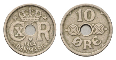 Дания 10 эре 1924 NCH, Кристиан X (1912-1947) KM 822 медно-никель 4701-925
