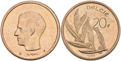 Бельгия 20 франков 1980 Belgie KM 160 никель бронза UNC 189-936