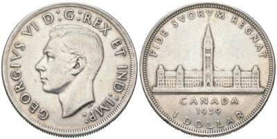 Канада 1 доллар 1939 Королевский визит в Оттаву, парламент, Георг VI (1936-1952) KM 38 серебро 4368-731