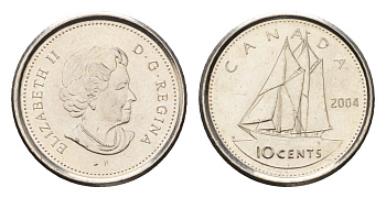 Канада 10 центов 2004 P, Елизавета II (1952-2022), парусник KM 492 сталь плакированная никелем UNC 4689-624