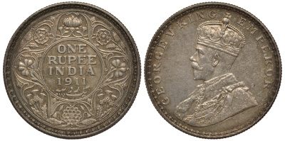 Британская Индия 1 рупия 1911 b, Георг V (1910-1936), монетный двор Бомбей KM 523 серебро 00-000-00