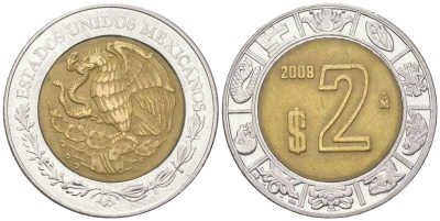 Мексика 2 песо 2008 Mo KM 604 биметалл 4398-625