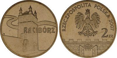 Польша 2 злотых 2007 MW, серия польские города, Рацибуж (Raciborz) KM 619 нордик UNC 4676-437