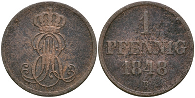Ганновер 1 пфенниг 1848 B, Эрнст Август (1837-1851) KM 201.1, AKS 129, J. 74 медь 08-1411