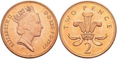 Великобритания 2 пенса 1997 Елизавета II (1952-2022) KM 936а, Spink 4386 (C4) сталь плакированная медью UNC 175-1022