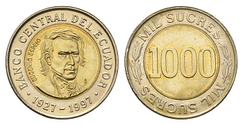 Эквадор 1000 сукре 1997 70 лет Центробанку KM 103 биметалл UNC 4698-716