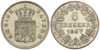 Бавария 6 крейцеров 1847 Людвиг I (1825-1848) KM 802, Jaeger 60, AKS 82 серебро UNC 413-5815