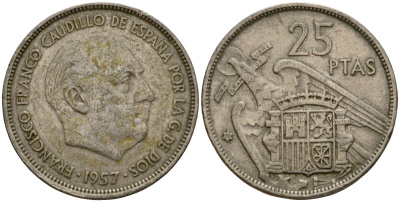 Испания 25 песет 1957 (70) KM 787 медно-никель 94-141